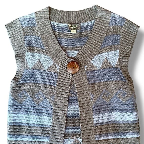 Twist Womens Sweater Vest Sz Medium Blue Gray Boho Longline Wool Southwestern - Picture 3 of 6